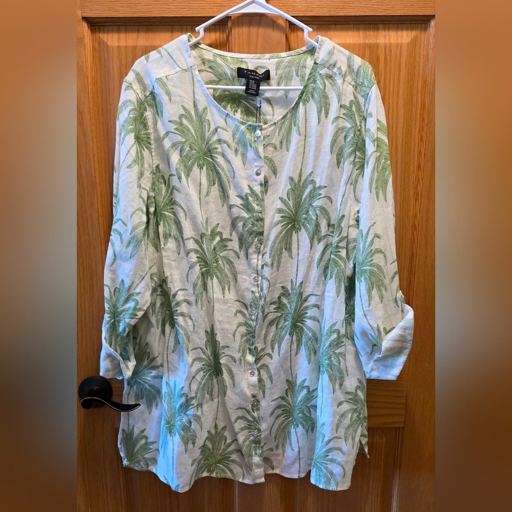 NEW Tahari Women's 3X Green White Linen Palm Tree Print Button-Up Shirt Cover Up